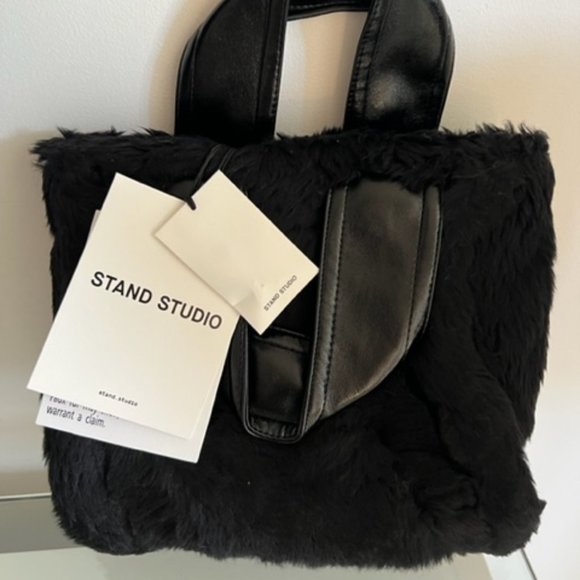 STAND STUDIO Lucille Black Wool-Blend Fur Tote Bag